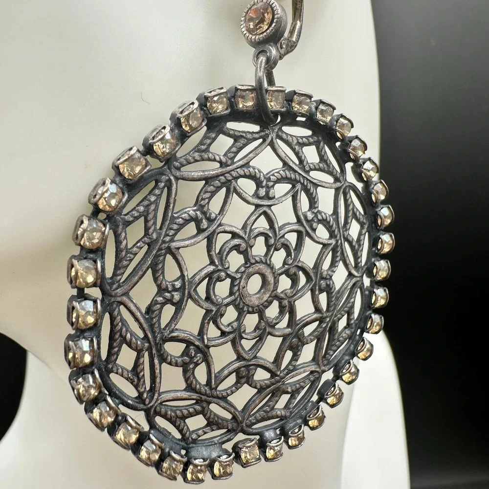 VTG‎ Oxidized Dangle Earrings Brown Rhinestone Filigree Flower Circle Statement